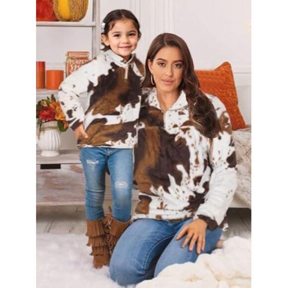 Plus Size Women's Fleece Jacket Cow Print Zip Pullover Cozy Winter Wear - Picture 2 of 5